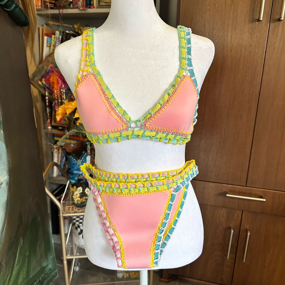 Colorful Crochet Trim Bikini NWT